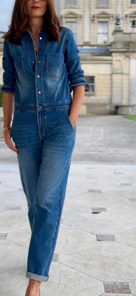 Lala Jumpsuit in mid wash denim for tall women, view 2